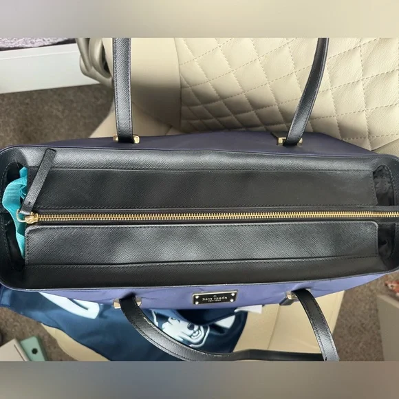 Kate Spade New York Navy Blue Nylon Tote Work Bag Zip Top Black Leather Handles - Picture 4 of 11